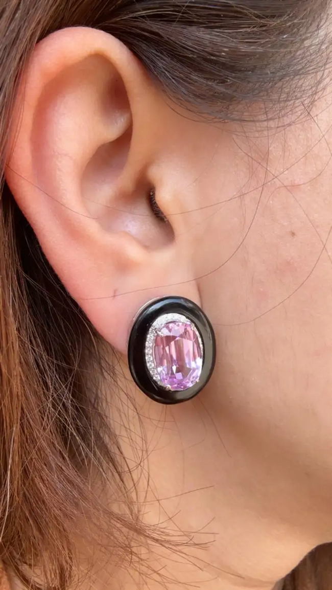 Natural Kunzite & Black Onyx Stud Earrings - 18k White Gold Diamond Handmade Earrings Main Image