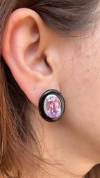 Natural Kunzite & Black Onyx Stud Earrings - 18k White Gold Diamond Handmade Earrings