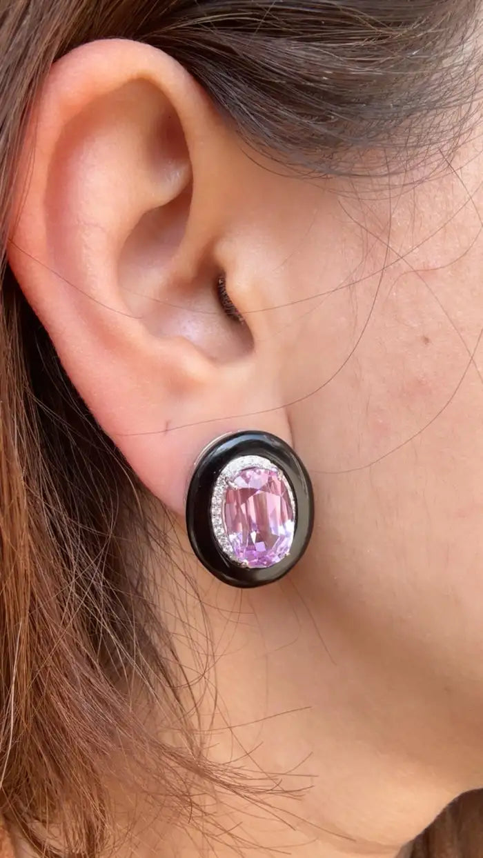 Natural Kunzite & Black Onyx Stud Earrings - 18k White Gold Diamond Handmade Earrings