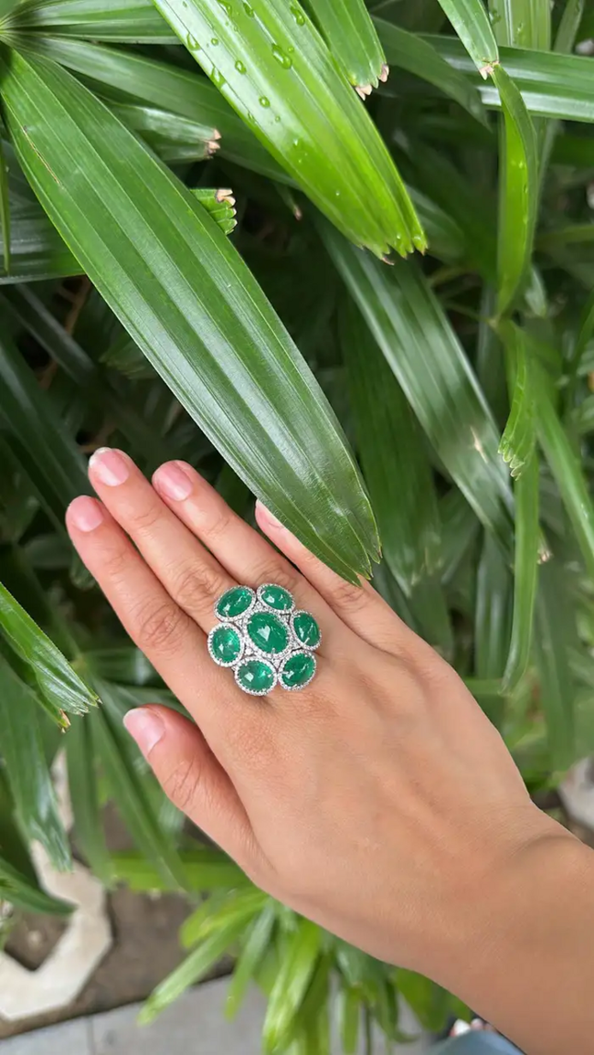 18k White Gold Diamond Statement Ring - Natural Cabochon Emerald Gemstone Ring Main Image