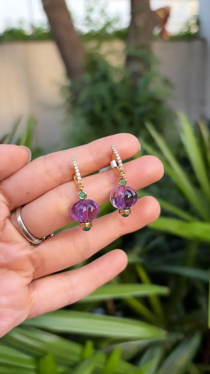 Natural Amethyst & Emerald Dangle Earrings - 18k Yellow Gold Diamond Earrings