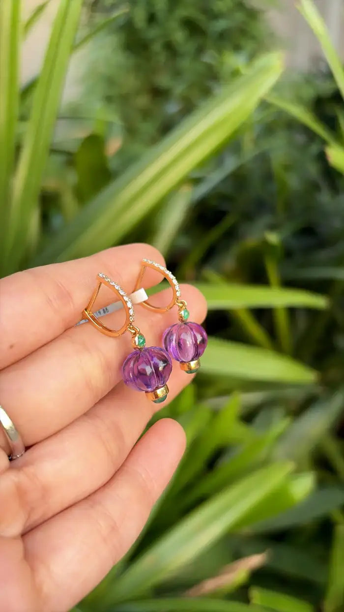 Natural Amethyst & Emerald Dangle Earrings - 18k Yellow Gold Diamond Earrings