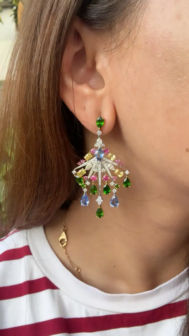 18k White Gold Diamond Chandelier Earring - Natural Multi Sapphire Dangle Earrings Main Image