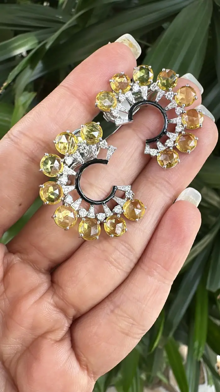 Natural Yellow Sapphire & Black Enamel Earrings - 18k White Gold Diamond Stud Earrings
