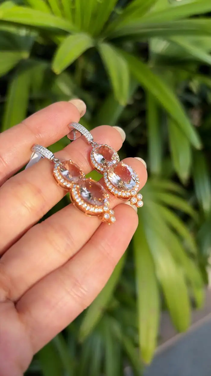 Natural Morganite & Diamond Dangle Earrings - 18k Rose Gold Handmade Earrings