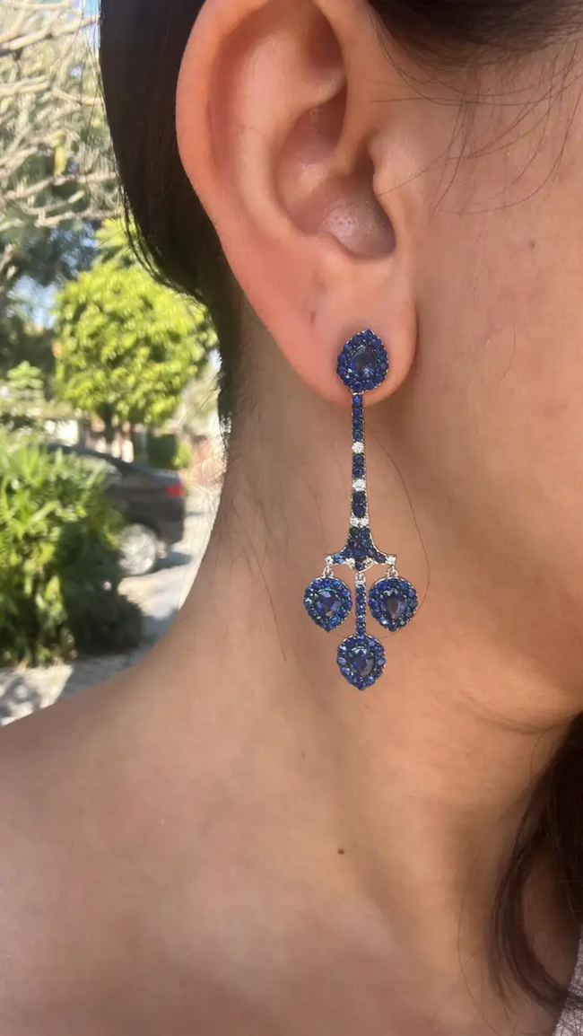 Natural Ceylon Blue Sapphire Chandelier Earring - 18k White Gold Diamond Handmade Dangle Earrings Main Image