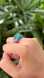 18k White Gold Diamond Cluster Ring - Natural Emerald, Ruby & Blue Sapphire Gemstone Ring