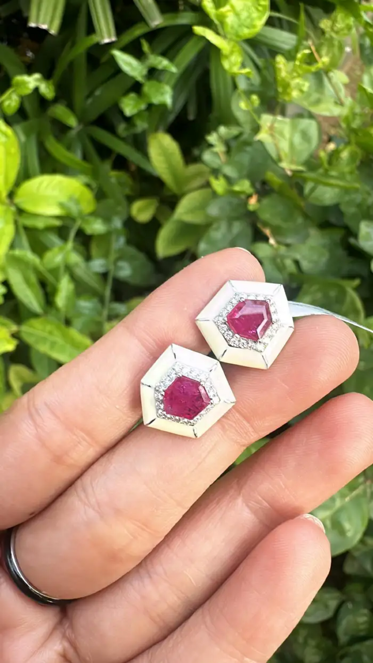 18k White Gold Handmade Minimalist Stud Earrings - Natural Mozambique Ruby White Enamel Earrings - Gold Diamond Earrings