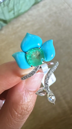 Natural Colombian Emerald & Turquoise Gemstone Floral Ring - 18k White Gold Rose Cut Diamond Women Ring