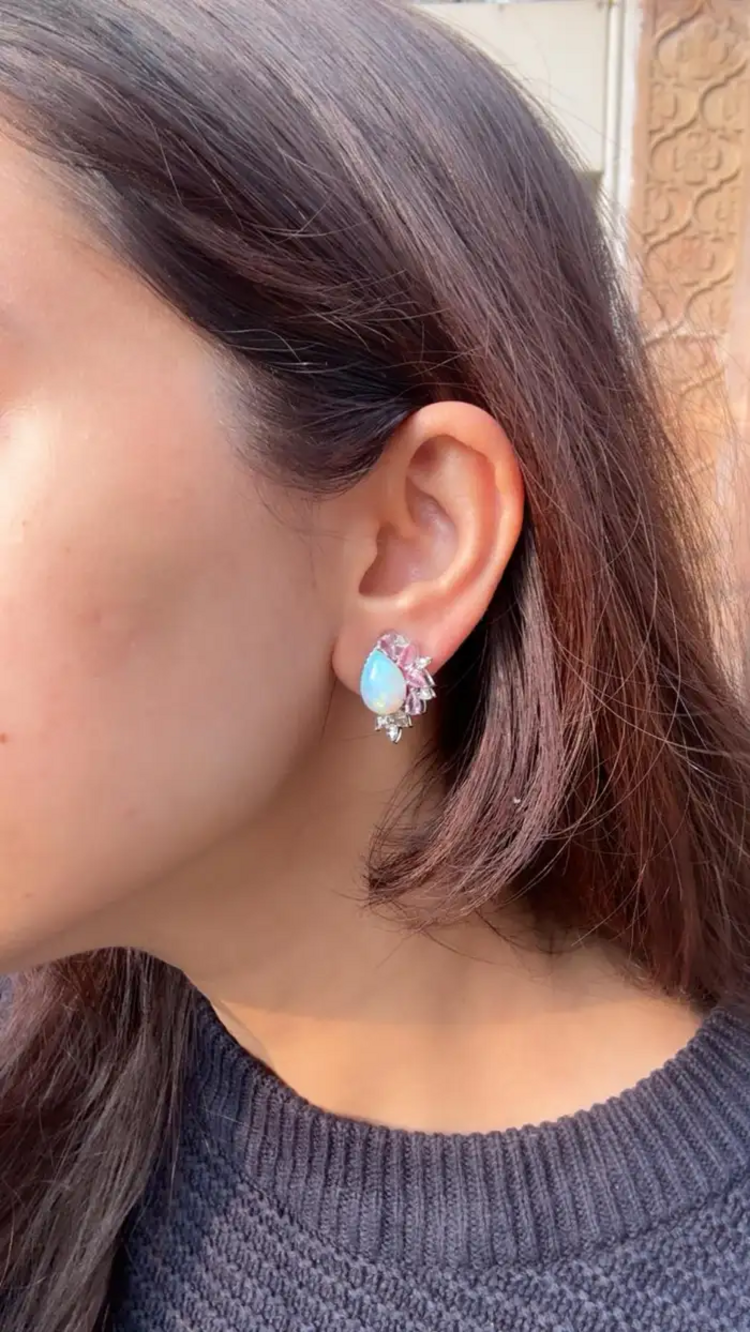 18k White Gold Diamond Stud Earrings - Natural Ethiopian Opal & Pink Sapphire Earrings