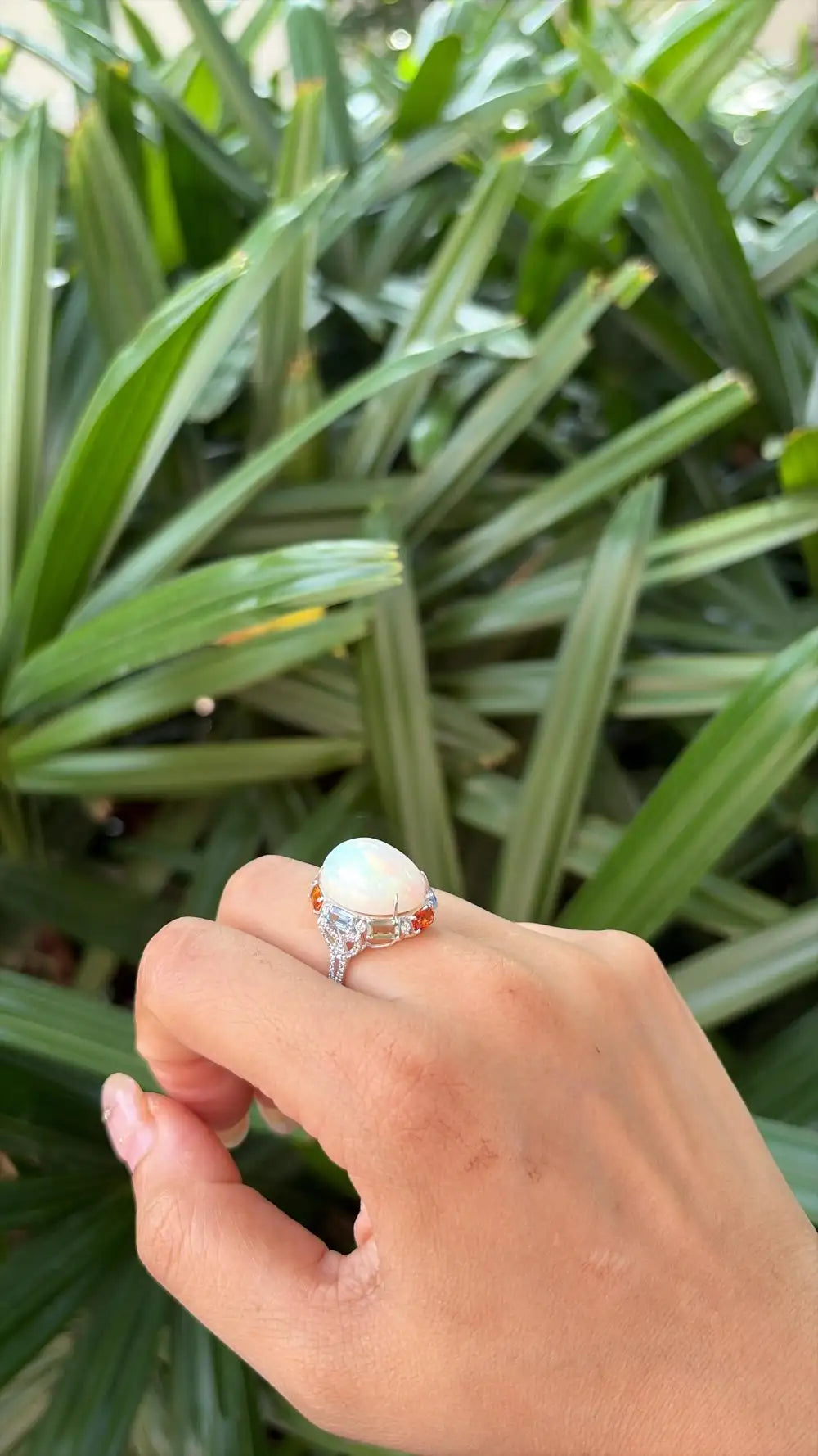 18k White Gold Diamond Dome Ring - Natural Ethiopian Opal & Multi Sapphire Ring