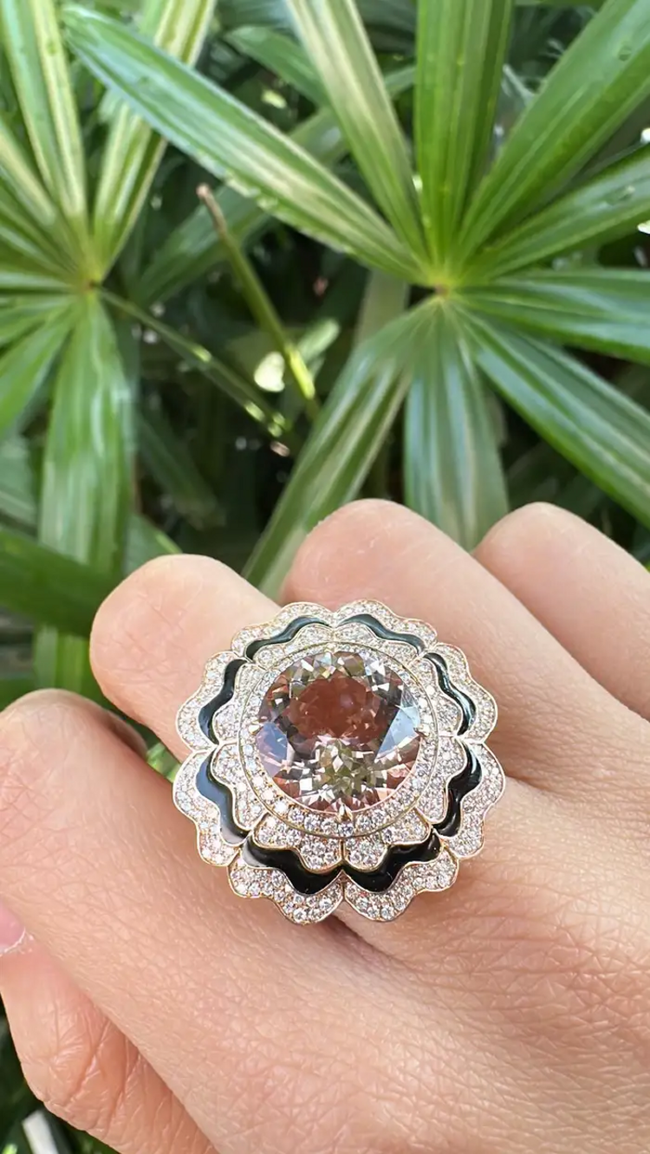 18k Rose Gold Diamond Cocktail Ring - Natural Morganite & Black Enamel Wedding Ring Main Image