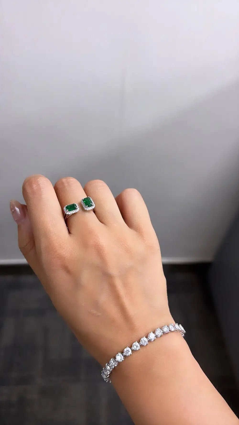 Natural Zambian Emerald Cuff Ring - 18k White Gold Diamond Minimalist Ring