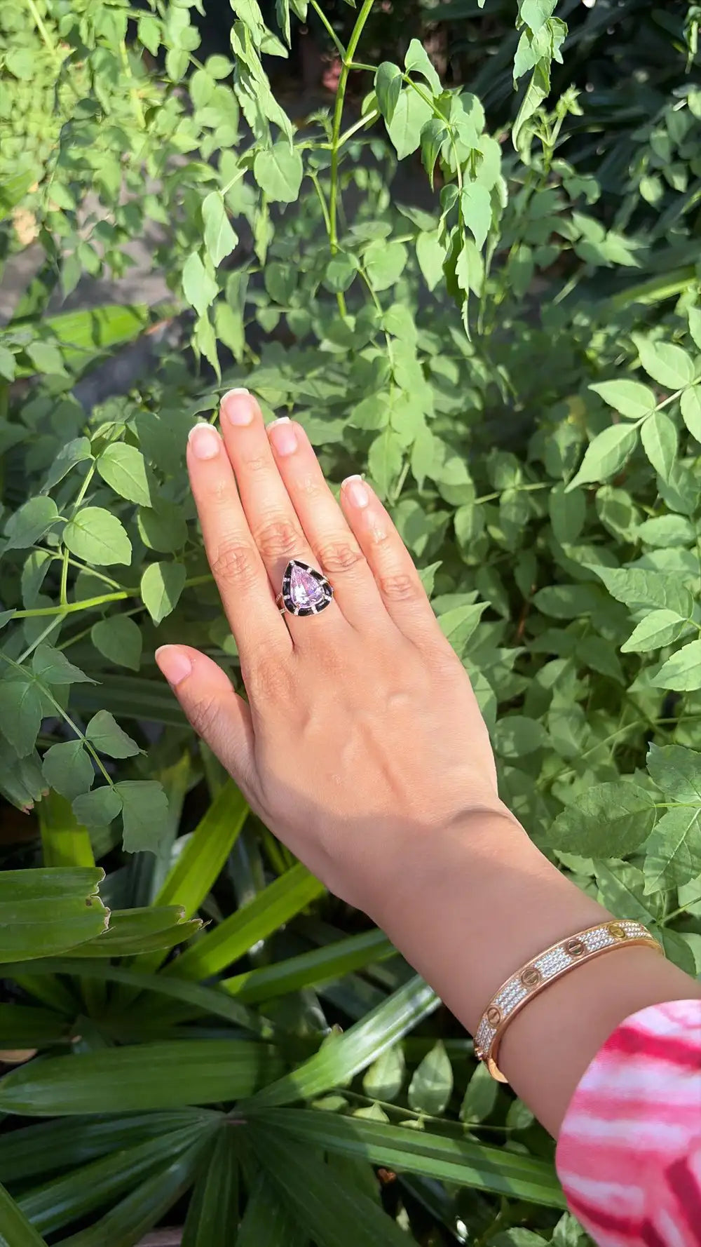 Natural Kunzite & Black Onyx Cocktail Ring - 18k Rose Gold Diamond Handmade Ring