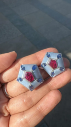 Natural Mozambique Ruby & Blue Opal Stud Earrings - 18k White Gold, Blue Sapphire & Diamond Earrings