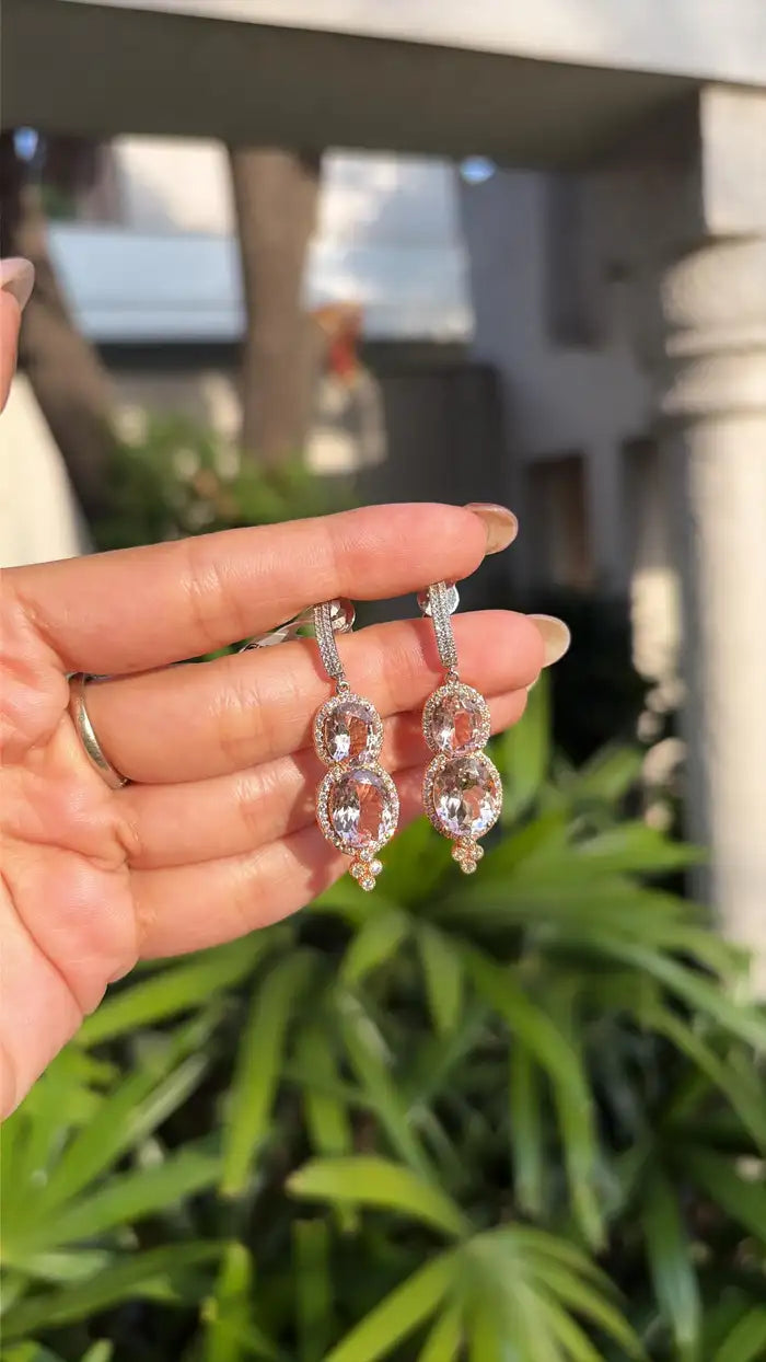Natural Morganite & Diamond Dangle Earrings - 18k Rose Gold Handmade Earrings