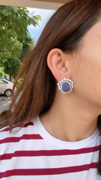 18k White Gold Diamond Stud Earrings - Hand Carved Tanzanite & Fresh Water Pearl Earrings