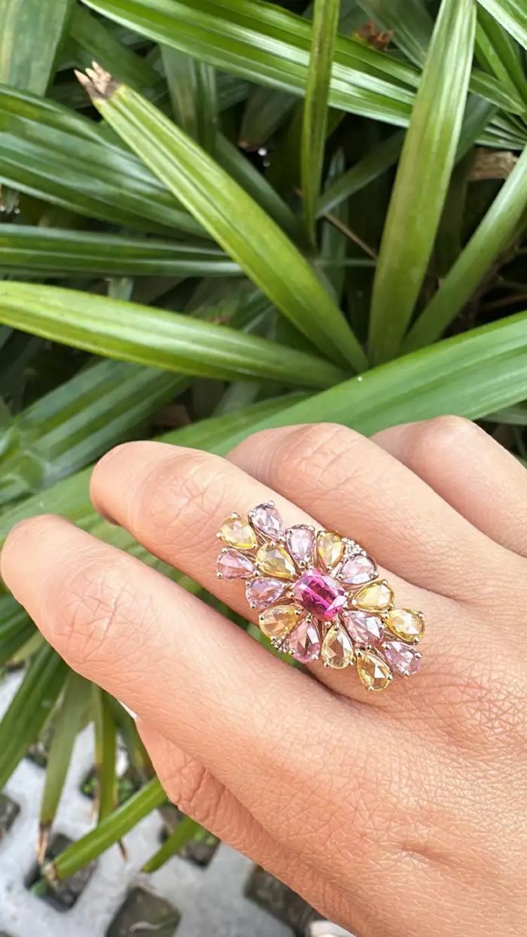 1.04 Ct. Tourmaline Gemstone Gold Ring - Natural Multi Sapphire & Diamond Cocktail Ring - 18k Rose Gold Diamond Ring