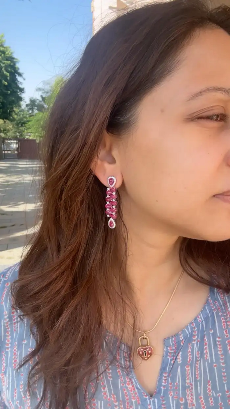18k White Gold Diamond Dangle Earrings - Natural Mozambique Ruby Dangle Earrings