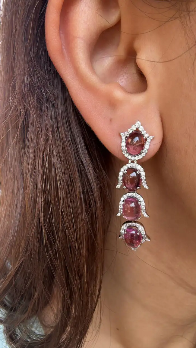 Natural Rubellite Gemstone Dangle Earrings - 18k White Gold Diamond Earrings Main Image