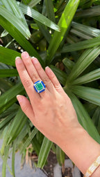 18k White Gold Diamond Handmade Ring - Natural Zambian Emerald & Blue Enamel Cocktail Ring