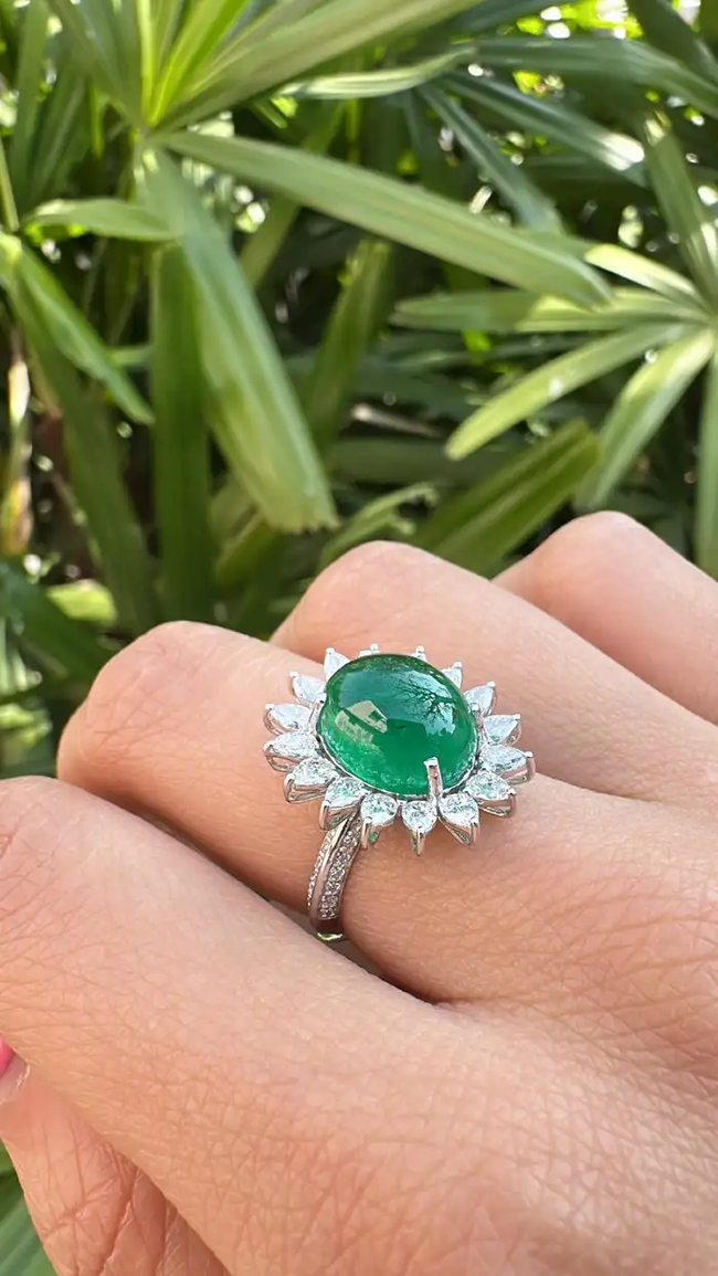 18k White Gold Handmade Diamond Ring - Natural Zambian Emerald Cocktail Ring Main Image