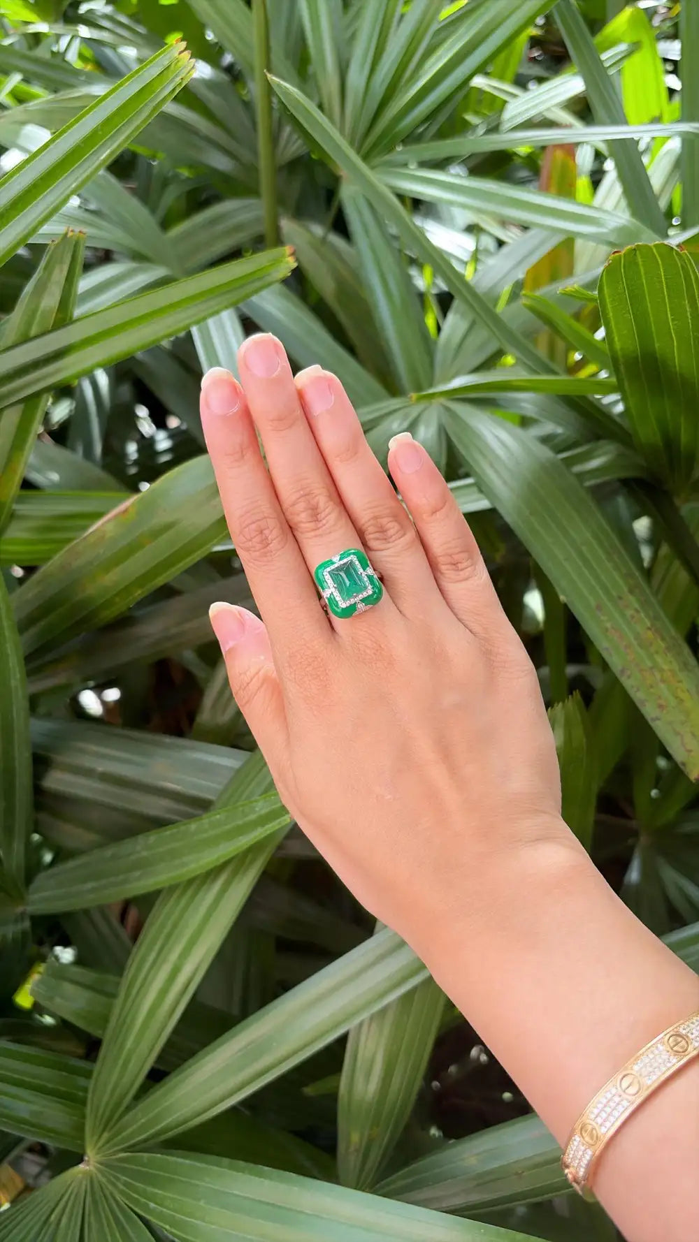 Natural Emerald Gemstone & Green Enamel Cocktail Ring - 18k White Gold Diamond Ring