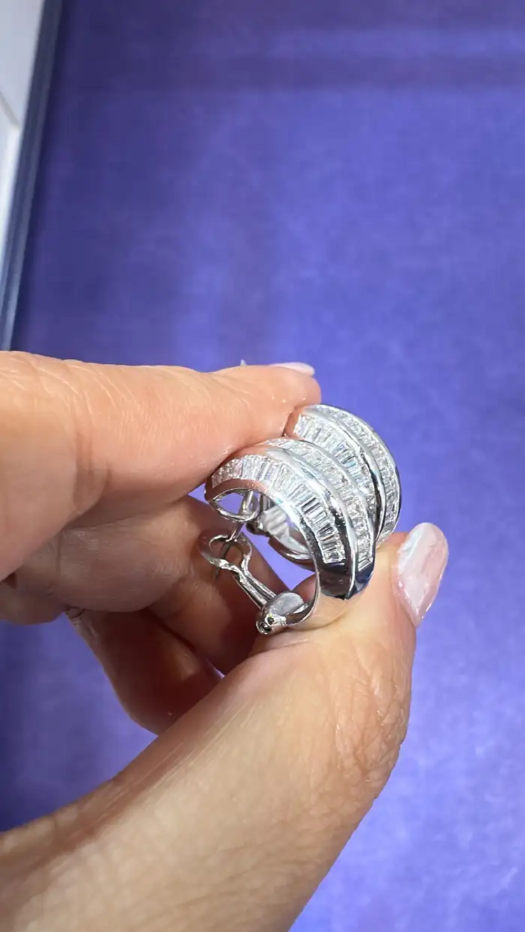 18k White Gold Earrings - Natural Tapered Baguette Diamonds Huggie Earrings