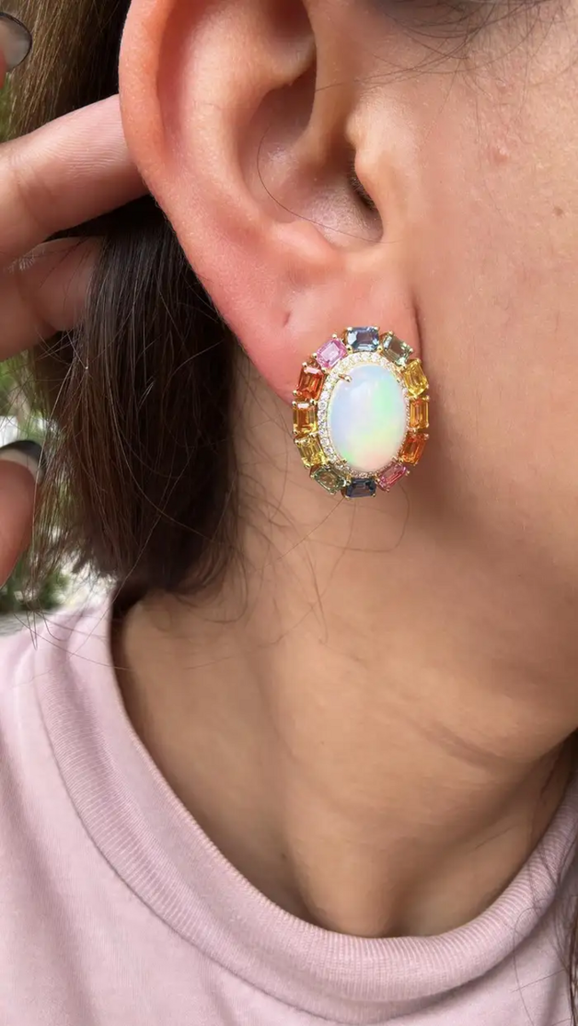 Ethiopian Opal & Ceylon Multi Sapphire Stud Earrings - 18k Yellow Gold Diamond Earrings Main Image