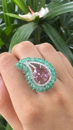 Natural Emerald & Pink Sapphire  Statement Ring - 18k White Gold Diamond Handmade Ring
