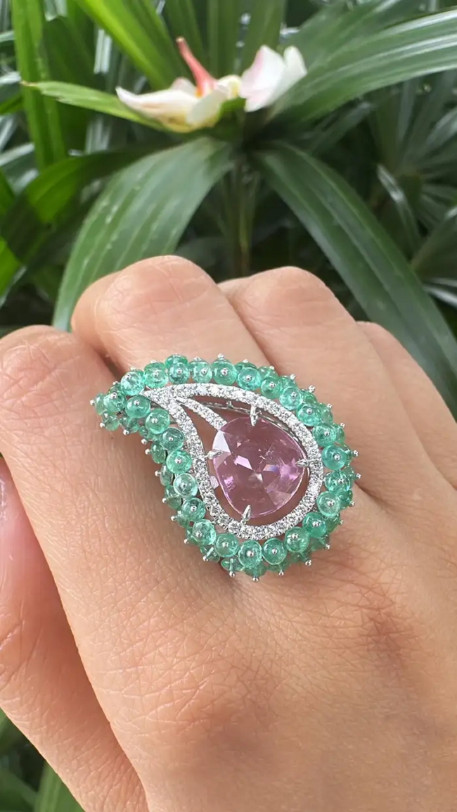 Natural Emerald & Pink Sapphire  Statement Ring - 18k White Gold Diamond Handmade Ring Main Image