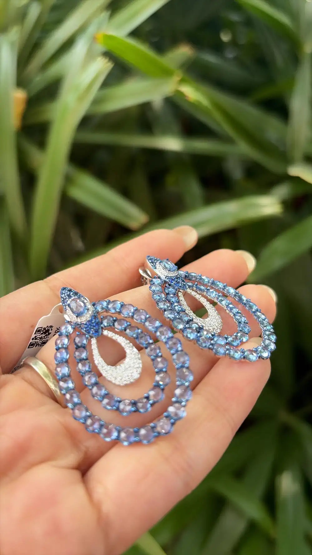 18k White Gold Diamond Dangle Earrings - Natural Blue Sapphire Gemstone Earrings