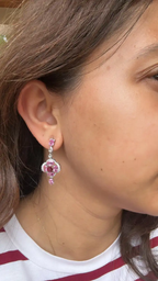 Ceylon Pink Sapphire & Ruby Gemstone Earrings - 18k White Gold & Rose Cut Diamond Dangle Earrings