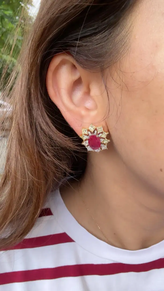 Mozambique Ruby & Yellow Diamond Stud Earrings - 18k Gold Diamond Stud Earrings Main Image