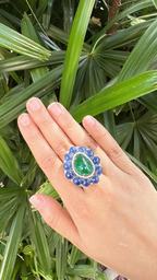 Natural Zambian Emerald & Blue Sapphire Cocktail Ring - 18k White Gold Diamond Ring