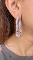 Natural Pink Sapphire & Tsavorite Dangle Earrings - 18k White Gold Handmade Earrings