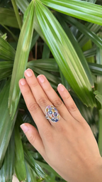 Natural Multi Sapphire & White Enamel Cocktail Ring - 18k White Gold Diamond Ring
