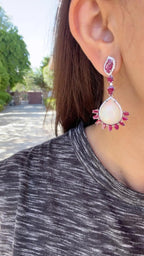 18k White Gold Diamond Earrings - Natural Ethiopian Opal & Mozambique Ruby Dangle Earrings