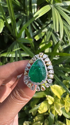 18k Two Tone Gold Ring - Natural Pear Shape Zambian Emerald & Diamond Ring