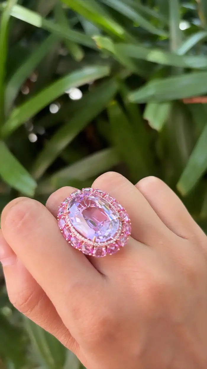 26.87 Ct. Kunzite & Pink Sapphire Cocktail Ring - 18k Rose Gold Diamond Wedding Ring