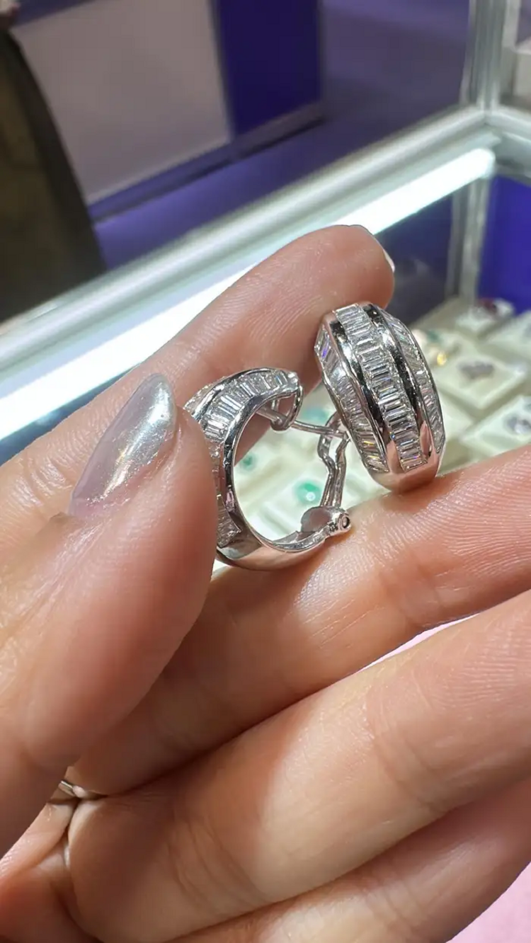 18k White Gold Earrings - Natural Tapered Baguette Diamonds Huggie Earrings