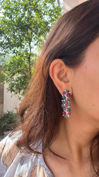 18k White Gold Diamond Dangle Earrings - Natural Mozambique Ruby, Zambian Emerald & Carved Blue Sapphire Earrings