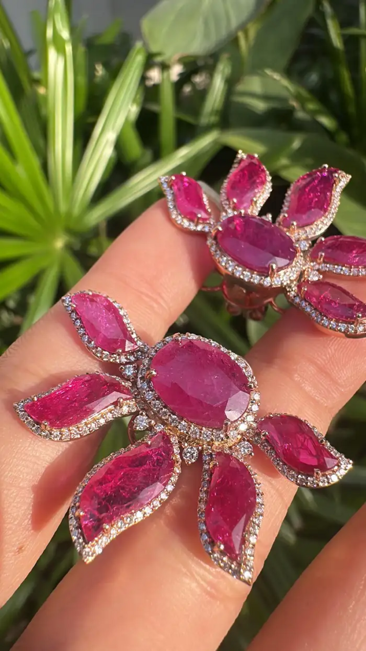 18k Rose Gold Diamond Earrings - Natural Mozambique Ruby Handmade Stud Earrings
