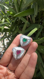 18k White Gold Handmade Diamond Stud Earrings - Natural Zambian Emerald, Mozambique Ruby & Pearl Stud Earrings