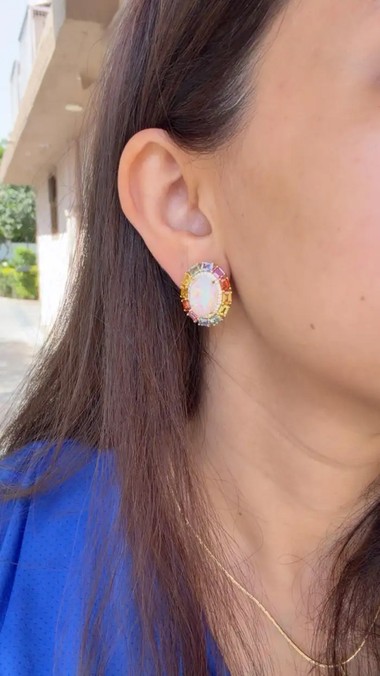 Natural Ethiopian Opal & Multi Sapphire Stud Earrings - 18k Yellow Gold Diamond Earrings