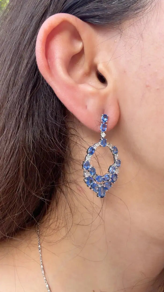 18k White Gold Diamond Handmade Earrings - Natural Blue Sapphire Dangle Earrings