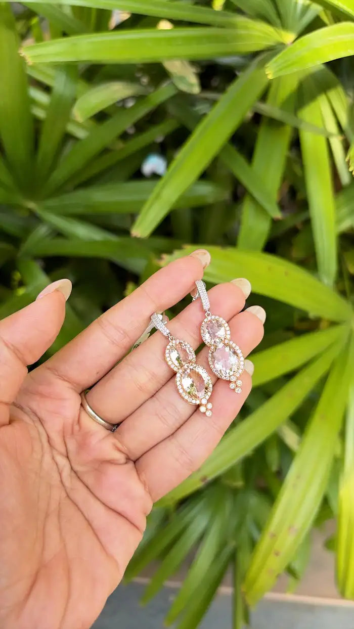 Natural Morganite & Diamond Dangle Earrings - 18k Rose Gold Handmade Earrings