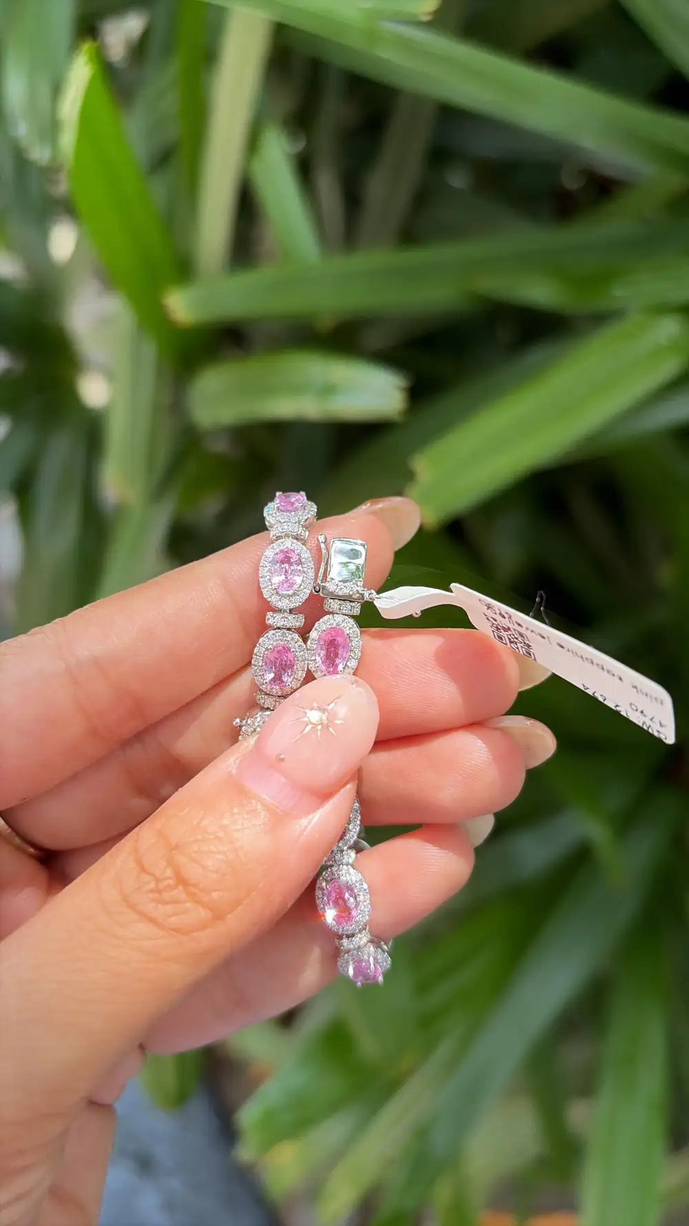 Natural Pink Sapphire Gemstone Bracelet - 18k White Gold Diamond Handmade Bracelet