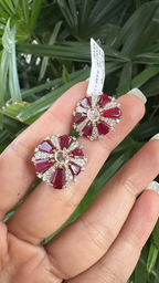 18k Rose Gold Diamond Stud Earrings - Natural Ruby & Rose Cut Diamond Earrings