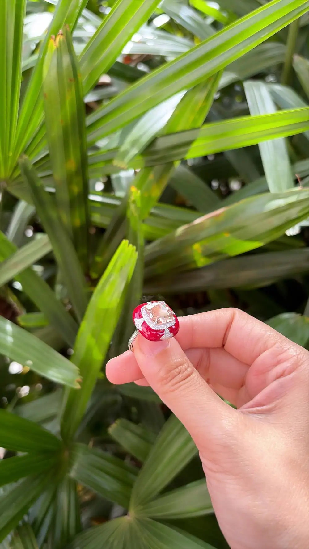 18k White Gold Diamond Cocktail Ring - Natural Morganite & Red Enamel Anniversary Ring